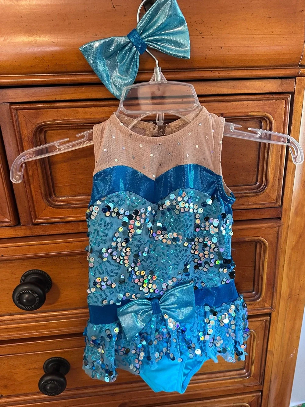 Teal Blue Sequin Dance Costume with Bow Accent